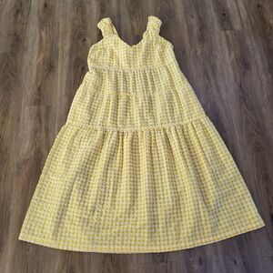 Old Navy Midi Dress Womens Large Yellow Gingham Check Smocked Sleeveless Tiered